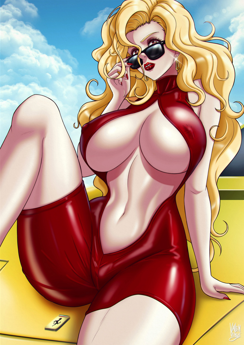 1girl blonde_hair breasts car covered_erect_nipples curvy earrings eyeshadow female_focus golden_boy highres huge_breasts jewelry lipstick long_hair looking_at_viewer makeup motor_vehicle nail_polish navel onna_shachou red_eyes solo sunglasses thick_thighs thighs underboob valenvenge