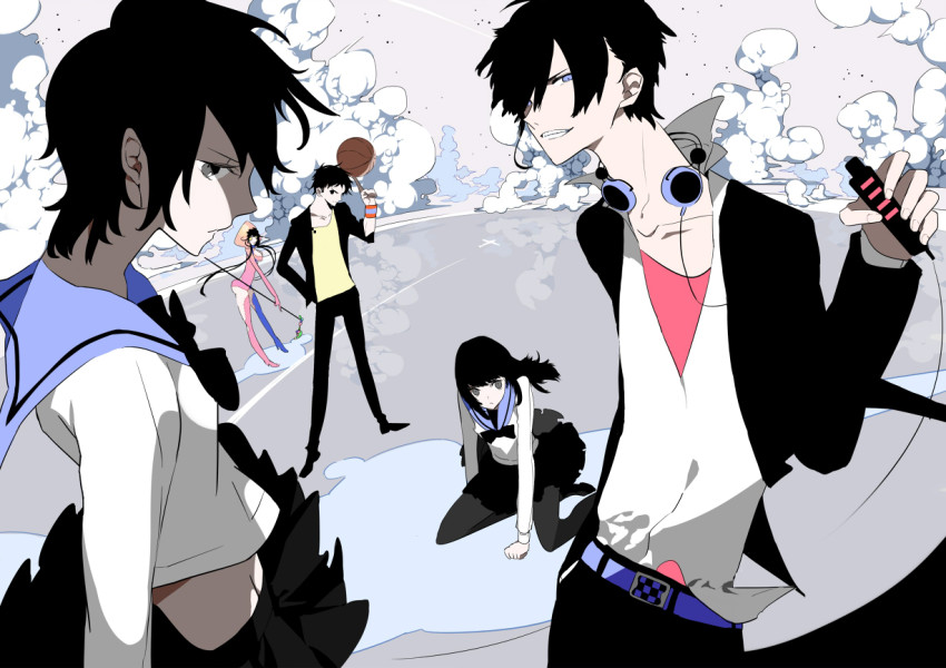 2boys 3girls basketball black_eyes black_hair cloud headphones kudou_hyougo long_hair makimura_satomi multiple_boys multiple_girls myougaya_ikuno night_watch_series purple_eyes samegai_yayoi school_uniform serafuku serori takanashi_kyouko