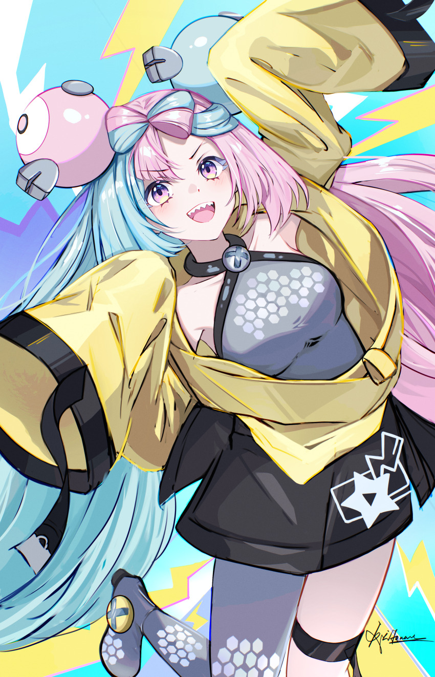 1girl absurdres boots bow-shaped_hair character_hair_ornament fake_hair_bun grey_boots grey_pantyhose hair_ornament hexagon_print highres iono_(pokemon) jacket multicolored_hair neet_(jdud2284) nintendo oversized_clothes pantyhose pokemon pokemon_sv sharp_teeth single_leg_pantyhose sleeves_past_fingers sleeves_past_wrists solo split-color_hair teeth two-tone_hair very_long_sleeves x yellow_jacket