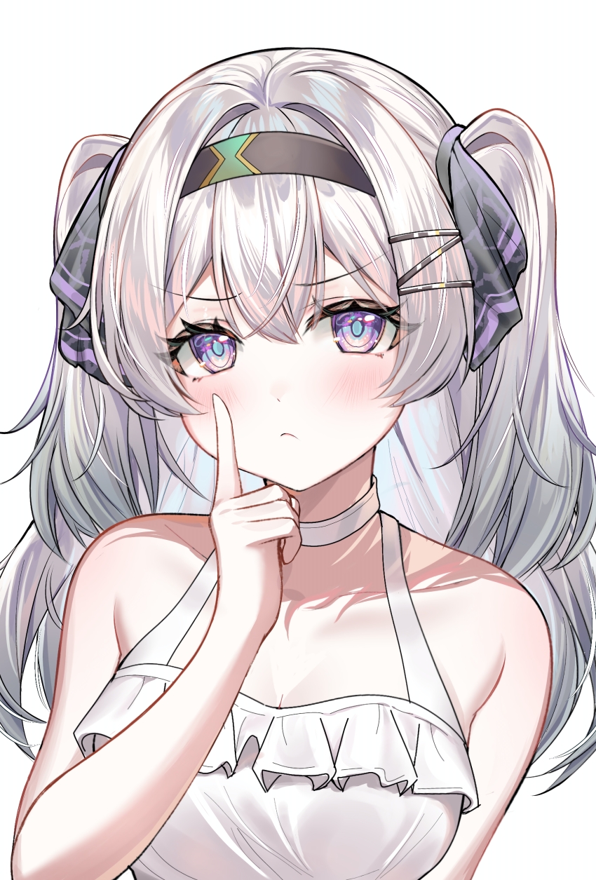 1girl absurdres alternate_costume alternate_hairstyle bare_shoulders black_hairband breasts choker cleavage closed_mouth collarbone commentary devl_ga_aru english_commentary firefly_(honkai:_star_rail) grey_hair hair_between_eyes hair_intakes hairband highres honkai:_star_rail honkai_(series) index_finger_raised long_hair looking_at_viewer medium_breasts purple_eyes simple_background solo twintails upper_body white_background white_choker