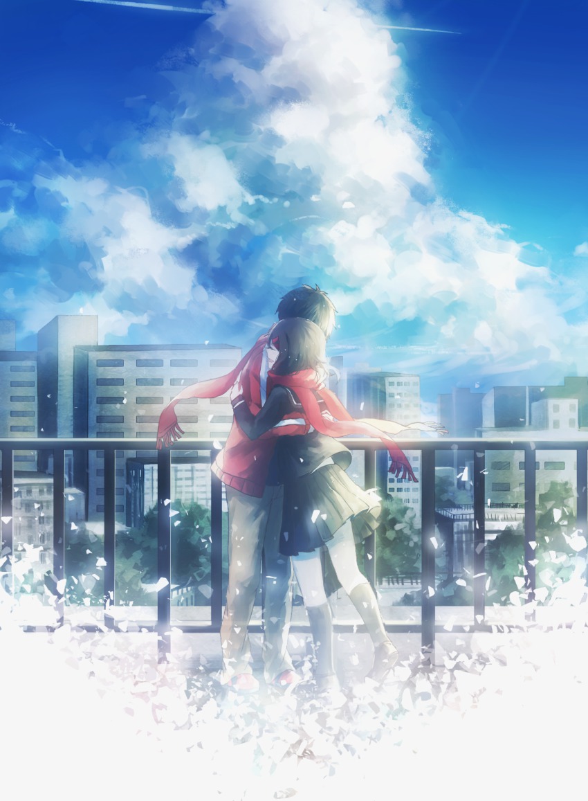 1boy 1girl bad_id bad_pixiv_id black_hair city cityscape domik closed_eyes hair_ornament hairclip hetero highres hug kagerou_project kisaragi_shintarou long_hair red_scarf scarf school_uniform serafuku short_hair smile tateyama_ayano vocaloid