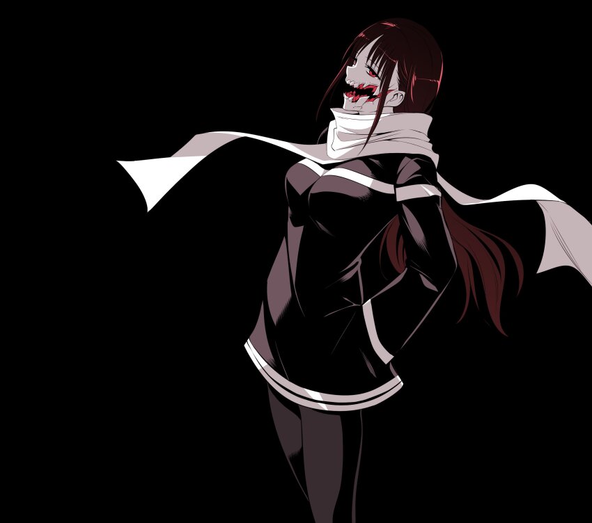 1girl black_background cyborg dress glasgow_smile hand_in_pocket highres jacket kato_takuji kuchisake-onna_(ishiyumi) long_hair long_sleeves looking_at_viewer mechanical_buddy_universe red_eyes scarf science_fiction sharp_teeth simple_background solo teeth