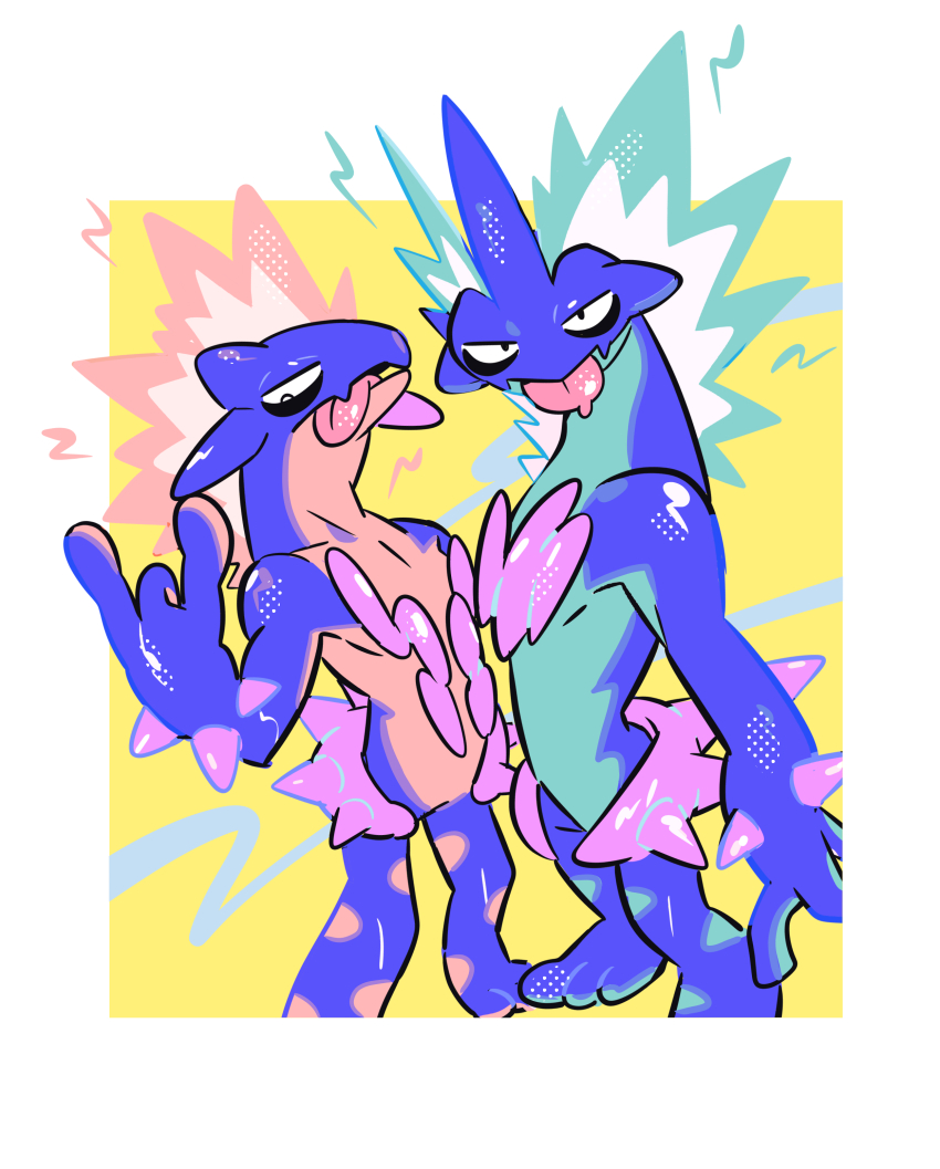 absurdres black_eyes border commentary_request fang gen_8_pokemon gogeyama highres lightning_bolt_symbol looking_at_viewer nintendo open_mouth pokemon pokemon_(creature) skin_fang standing tongue tongue_out toxtricity toxtricity_(amped) toxtricity_(low_key) white_border yellow_background