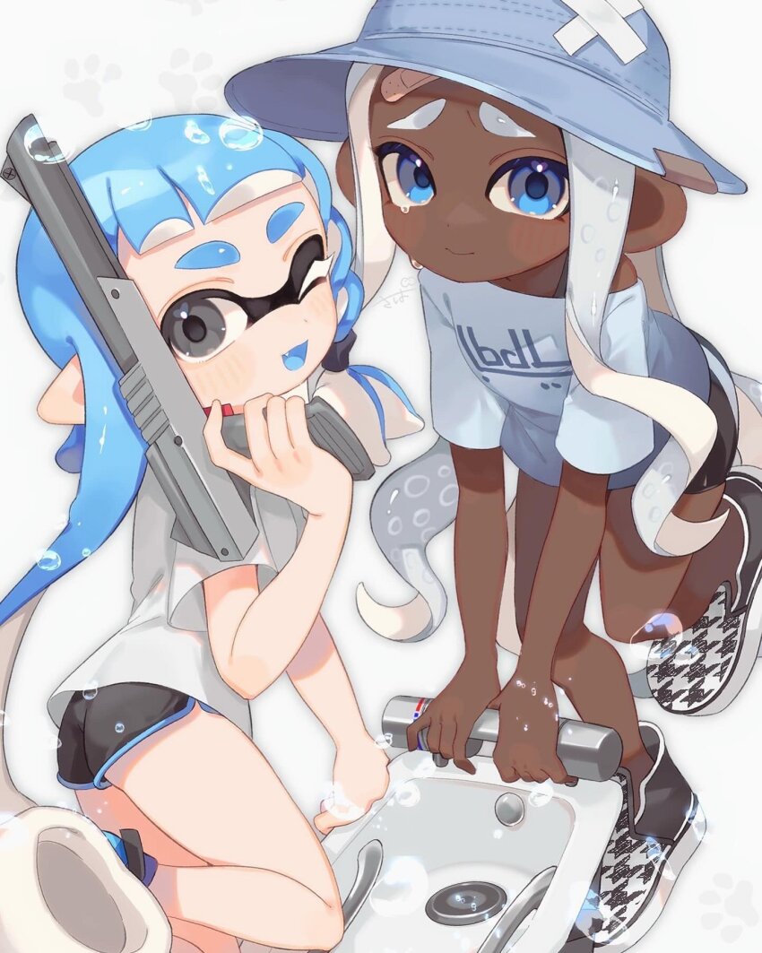 2girls ass black_shorts bloblobber_(splatoon) blue_eyes blue_hair dark-skinned_female dark_skin dolphin_shorts grey_eyes grey_hair grey_hat gun hashtag-only_commentary hat highres holding holding_gun holding_weapon inkling inkling_girl inkling_player_character long_hair looking_at_viewer multiple_girls n-zap_(splatoon) nintendo octoling octoling_girl octoling_player_character one_eye_closed pointy_ears sabata_saba shirt shoes shorts splatoon_(series) splatoon_3 tearing_up tentacle_hair thick_eyebrows weapon white_background white_shirt