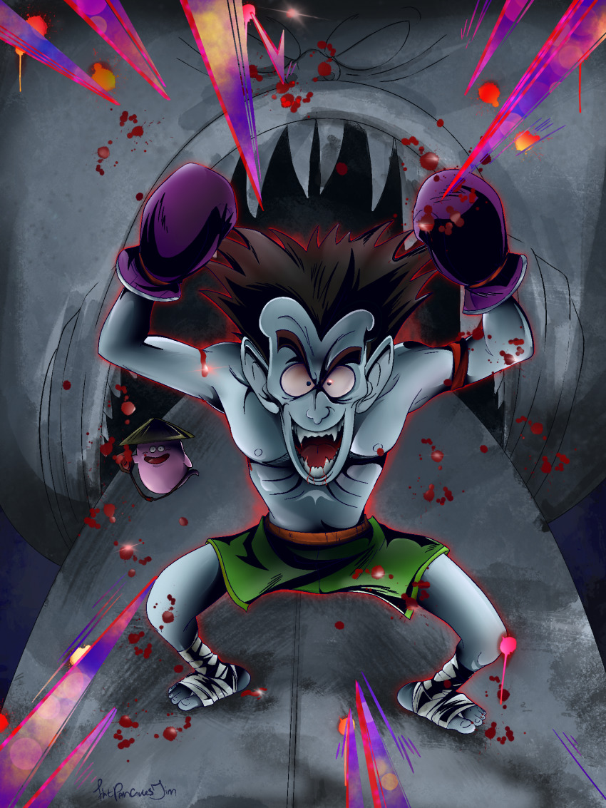1boy arms_up blood blood_bag boxing_gloves boxing_shorts dokkan_battle dracula_man dracula_man_(dragonball) dragon_ball flatpancakesjim fortune_teller_baba ghost grin highres looking_at_viewer male_focus open_mouth shorts smile statue tape undead vampire