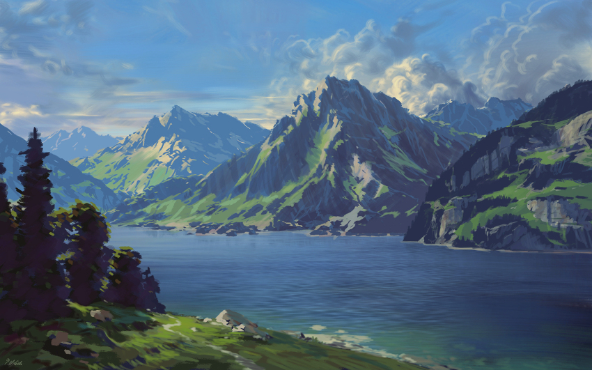 blue_sky blurry blurry_background cloud cloudy_sky day depth_of_field forest highres lake landscape mountain mountainous_horizon nature no_humans original outdoors philipp_urlich ripples river scenery shore sky tree valley