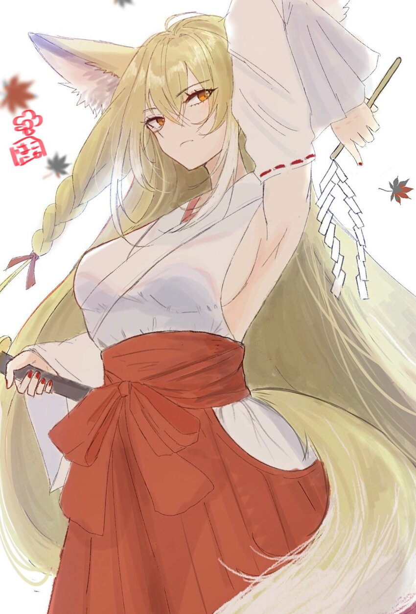 1girl alternate_costume animal_ear_fluff animal_ears arknights armpits blonde_hair commentary_request detached_sleeves fox_ears fox_girl fox_tail gohei hakama hakama_skirt hakoniwashinshi highres hip_vent holding holding_gohei japanese_clothes kimono long_hair long_skirt nontraditional_miko orange_eyes red_skirt skirt sleeveless sleeveless_kimono solo tail very_long_hair vulpisfoglia_(arknights) white_kimono