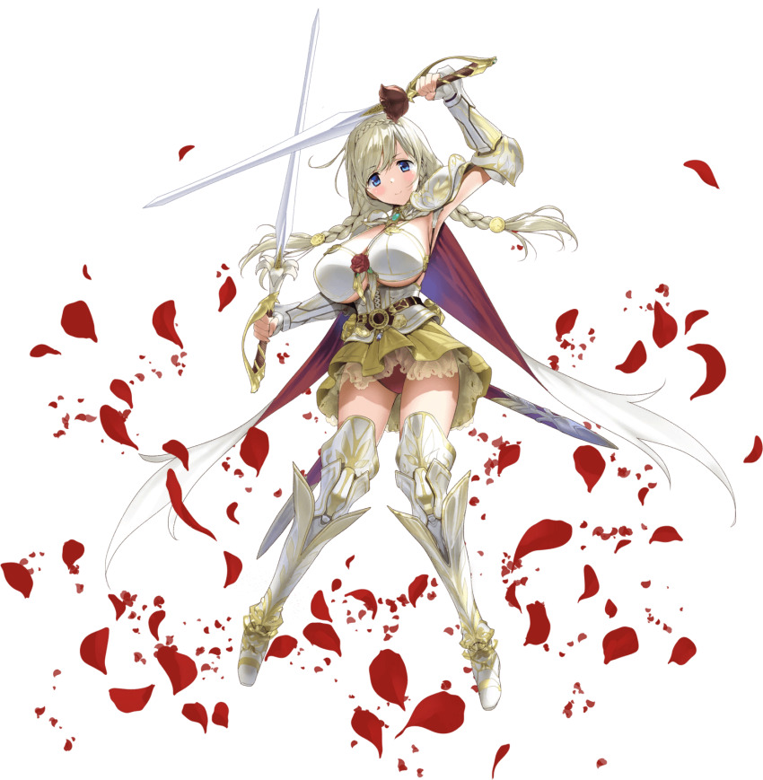 1girl armor armpits bianca_(kyonyuu_fantasy_burst) blonde_hair blue_eyes blush braid breasts cape dual_wielding flower greaves highres holding kyonyuu_fantasy kyonyuu_fantasy_burst large_breasts looking_at_viewer official_art panties petals rapier red_panties rose rose_petals smile sword twin_braids underwear weapon