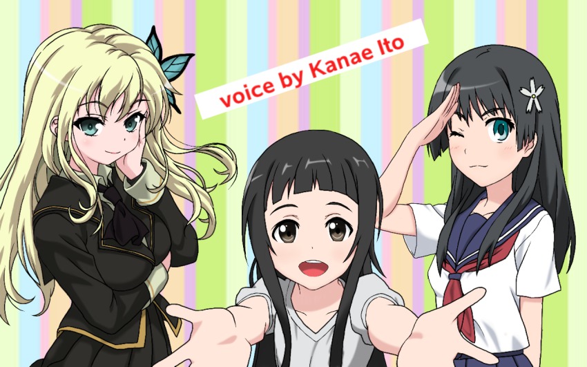 10s 3girls black_eyes black_hair blonde_hair blue_eyes boku_wa_tomodachi_ga_sukunai butterfly_hair_ornament hair_ornament itou_kanae kashiwazaki_sena long_hair looking_at_viewer multiple_girls nekonopapa saten_ruiko school_uniform voice_actor_connection serafuku smile sword_art_online toaru_kagaku_no_railgun toaru_majutsu_no_index yui_(sao)