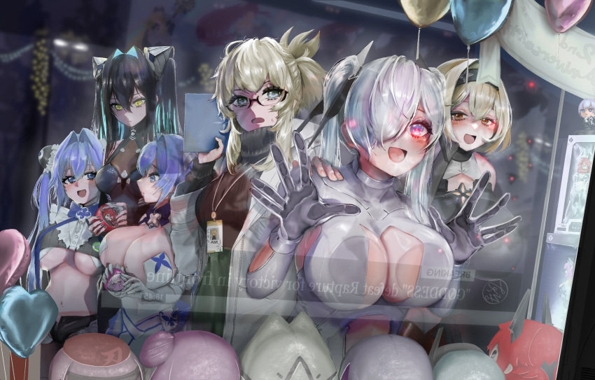 6+girls :d abe_(nikke) against_glass aqua_hair balloon bare_shoulders black_bodysuit black_gloves black_hair black_hairband black_nails black_shirt black_sweater blonde_hair blue_bow blue_bowtie blue_eyes blue_hair bodysuit bow bowtie breast_press breasts breasts_on_glass bun_cover capsule character_doll cinderella_(nikke) cleavage cleavage_cutout closed_mouth clothing_cutout coat colored_inner_hair commentary_request covered_collarbone cowboy_shot crop_top dorothy_(nikke) dress elbow_gloves fingerless_gloves folded_hair glasses gloves goddess_(nikke) goddess_of_victory:_nikke green_skirt gretel_(nikke) hair_between_eyes hair_bun hair_intakes hair_over_one_eye hairband hand_on_another&#039;s_shoulder hand_on_glass hand_on_own_cheek hand_on_own_face hand_up hansel_(nikke) heart_balloon highres holding holding_tablet_pc huge_breasts id_card impossible_clothes impossible_leotard large_breasts leotard likered7410 liliweiss_(nikke) little_mermaid_(nikke) long_hair looking_at_another looking_at_screen medium_hair multicolored_hair multicolored_leotard multiple_girls night old_tales_(nikke) open_clothes open_coat open_mouth outdoors pencil_skirt rapunzel_(nikke) rapunzel_(pure_grace)_(nikke) red_eyes red_hood_(nikke) red_shoes_(nikke) scarlet_(black_shadow)_(nikke) scarlet_(nikke) see-through_clothes shirt siblings sidelocks skirt leotard smile snow_white_(innocent_days)_(nikke) snow_white_(nikke) standing sweater tablet_pc toy turtleneck turtleneck_sweater twins twintails two-tone_leotard underboob very_long_hair white_bodysuit white_coat white_dress white_gloves white_hair white_leotard yellow_eyes