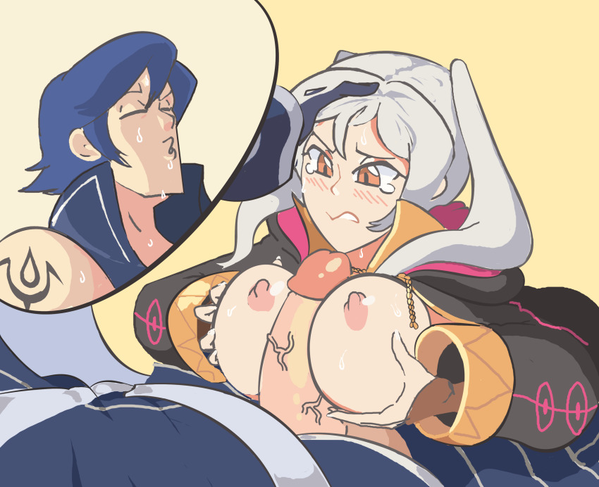 1boy 1girl absurdres biting_own_lip blue_eyes blue_hair blush breasts breasts_out brown_eyes chrom_(fire_emblem) clothed_sex coat davewaterfalls female_robin_(fire_emblem) fire_emblem fire_emblem_awakening grabbing_another&#039;s_hair hetero highres large_breasts nintendo nipples paizuri penis sex sweat tears twintails white_hair