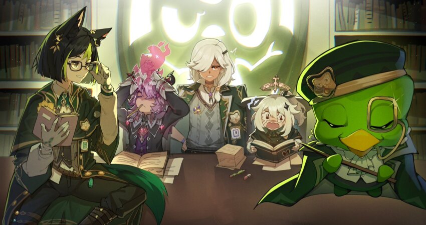 1girl 3boys animal_ear_fluff animal_ears bird black_gloves black_hair closed_mouth cyno_(duolingo)_(genshin_impact) cyno_(genshin_impact) dragon_boy dragon_horns duo_(duolingo) duolingo fox_boy fox_ears fox_tail genshin_impact gloves green_eyes green_hair hair_between_eyes hair_ornament halo horns male_focus mini_durin_(genshin_impact) mini_durin_(human)_(genshin_impact) multicolored_hair multiple_boys open_mouth paimon_(duolingo)_(genshin_impact) paimon_(genshin_impact) purple_hair short_hair streaked_hair tail tighnari_(duolingo)_(genshin_impact) tighnari_(genshin_impact) white_hair wings wokiiarts