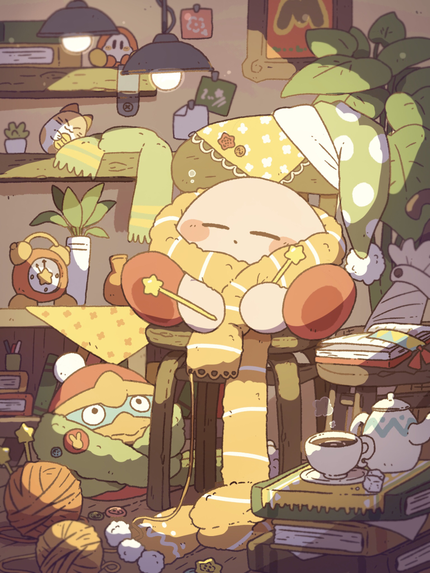 :o alarm_clock blush blush_stickers book book_stack bookmark buttons chair character_doll clock closed_eyes closed_mouth closed_umbrella commentary_request cup doll green_hat green_scarf hanging_light harukui hat highres indoors king_dedede kirby kirby_(series) knitting knitting_needle light_particles nago_(kirby) needle nintendo no_humans on_chair open_book picture_frame plant polka_dot polka_dot_headwear pom_pom_(clothes) potted_plant saucer scarf shelf sitting solo star_(symbol) steam stool sugar_cube tea teacup teapot umbrella unworn_hat unworn_headwear vase waddle_dee white_umbrella yarn yarn_ball yellow_scarf
