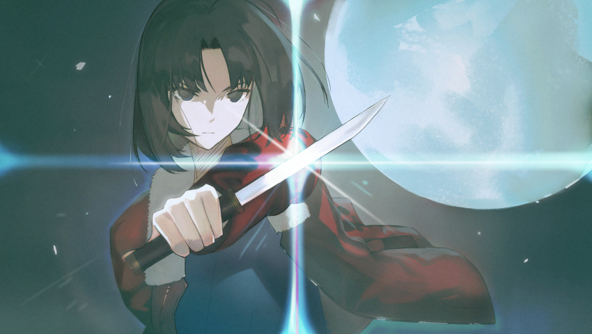 1girl absurdres black_hair blue_kimono commentary empty_eyes fighting_stance glint grey_eyes highres holding holding_knife jacket japanese_clothes kara_no_kyoukai kimono knife medium_hair moon red_jacket ryougi_shiki serious solo yuishironeko