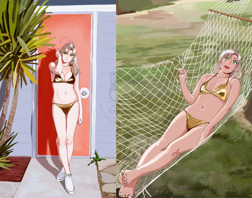 1girl absurdres antenna_hair barefoot bikini breasts cleavage closed_mouth door gold_bikini green_eyes grey_hair hammock highres kantai_collection kinugasa_(kancolle) looking_at_viewer lying medium_breasts multiple_views ojipon on_back on_hammock open_mouth shoes standing swimsuit tree white_shoes