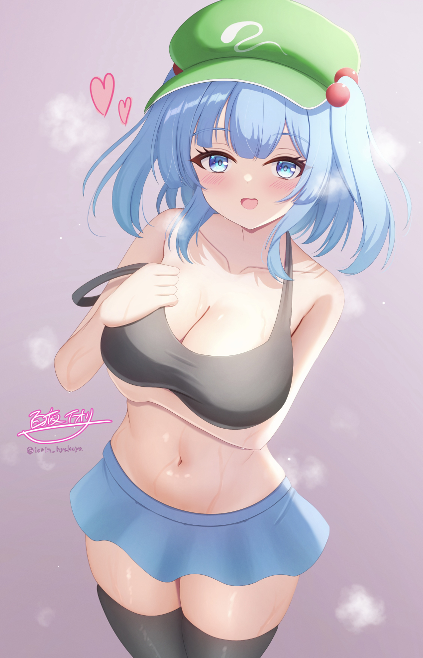 1girl absurdres blue_hair breasts cleavage collarbone commentary_request cowboy_shot crop_top flat_cap front_ponytail green_hat hair_bobbles hair_ornament hat heart highres hyakuya_iori kawashiro_nitori looking_at_viewer miniskirt short_hair skirt smile solo strap_slip sweat thighhighs touhou two_side_up