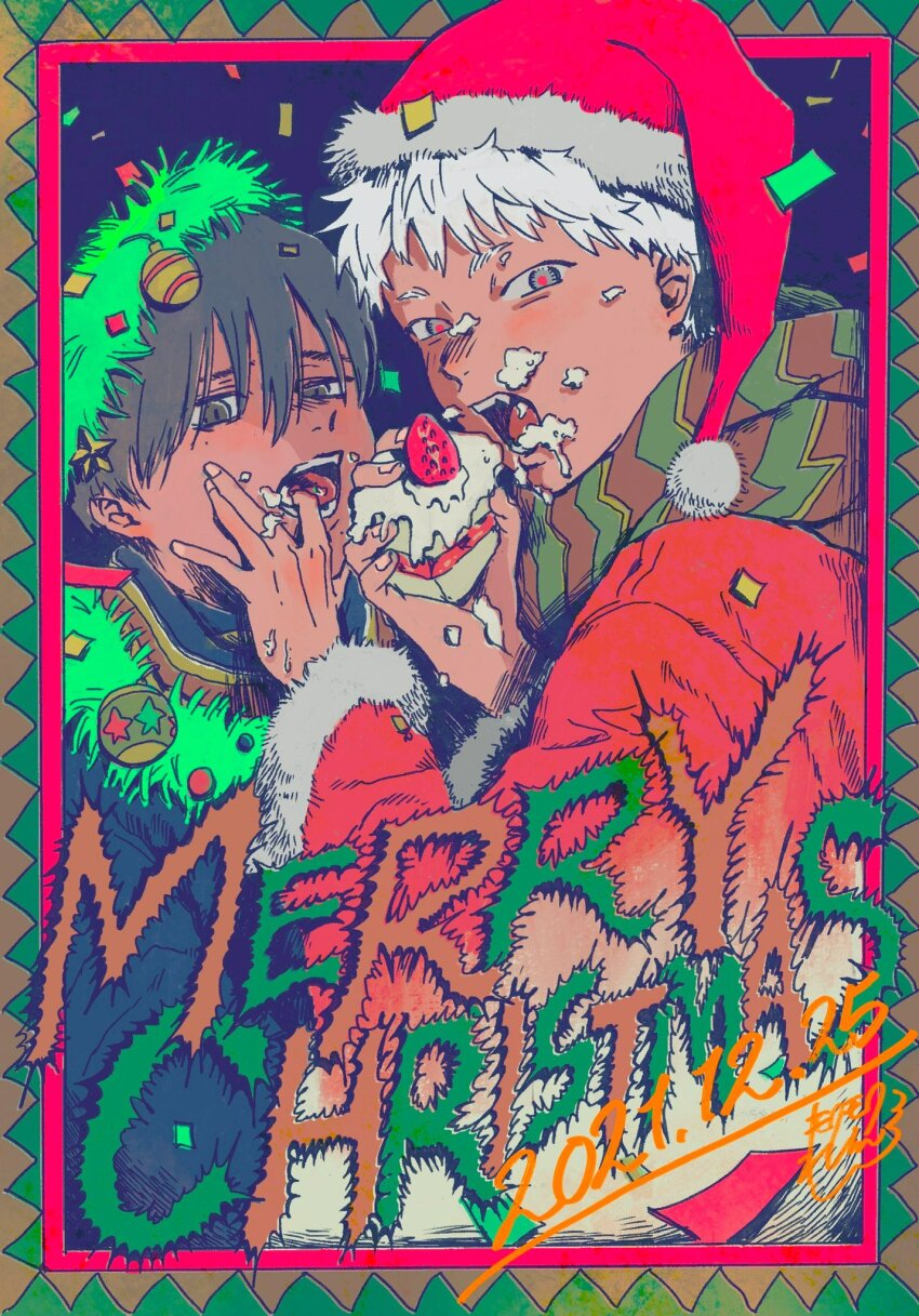 2boys alternate_costume black_hair cake commentary dated finger_in_another&#039;s_mouth food green_santa_costume hair_between_eyes hat highres hikaru_ga_shinda_natsu holding holding_cake holding_food indou_hikaru looking_at_viewer male_focus merry_christmas mokumokuren_(mokmok_len) mole mole_under_eye mole_under_mouth multiple_boys outside_border red_pupils santa_costume santa_hat symbol-only_commentary tsujinaka_yoshiki upper_body white_hair