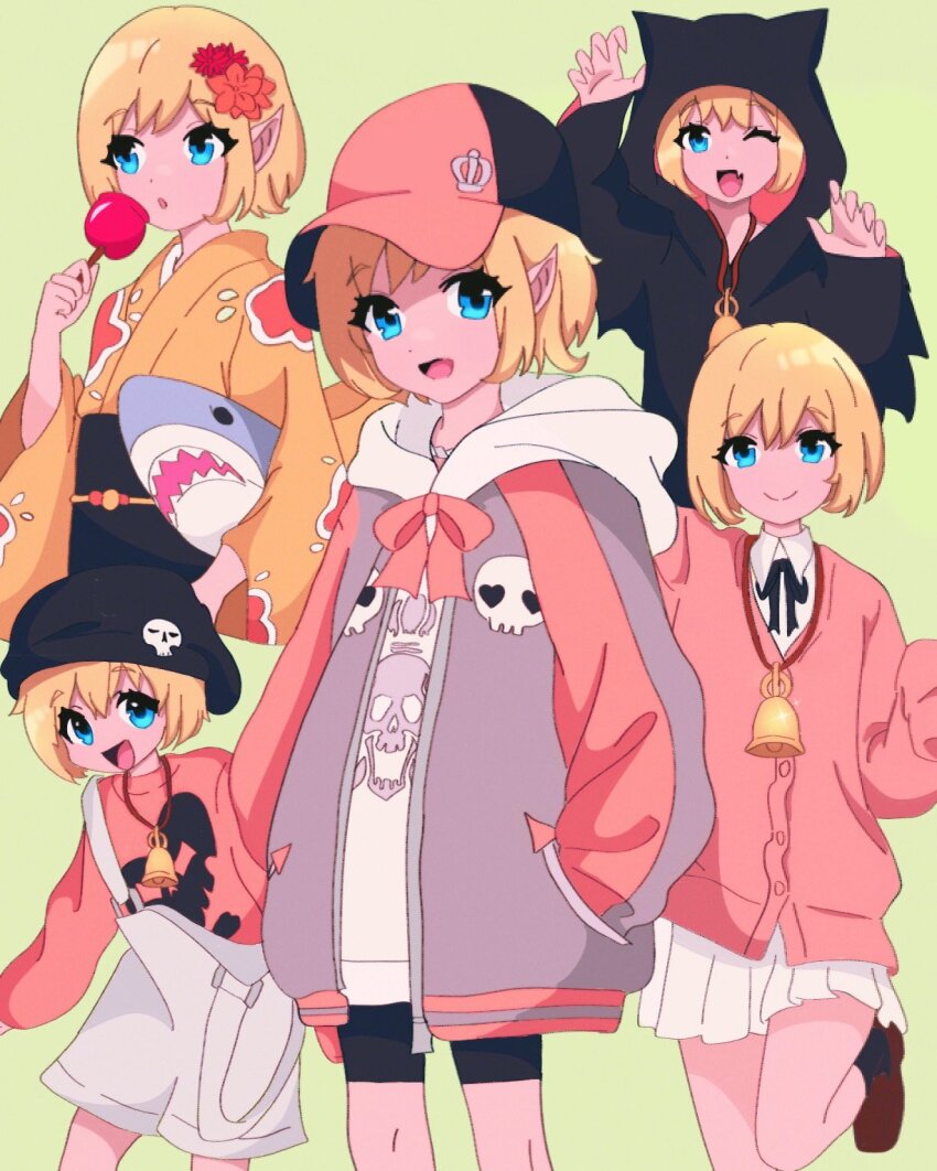 1girl aged_down aged_up alternate_costume baseball_cap bell bito_raimu blonde_hair blue_eyes fang grey_jacket hat highres hood hooded_jacket jacket japanese_clothes jewelry joshuathefruit kimono medium_hair multicolored_jacket necklace one_eye_closed open_mouth orange_jacket orange_shirt orange_sweater overalls pointy_ears school_uniform shin_subarashiki_kono_sekai shirt skin_fang skirt skull_print smile subarashiki_kono_sekai sweater two-tone_jacket white_skirt wink