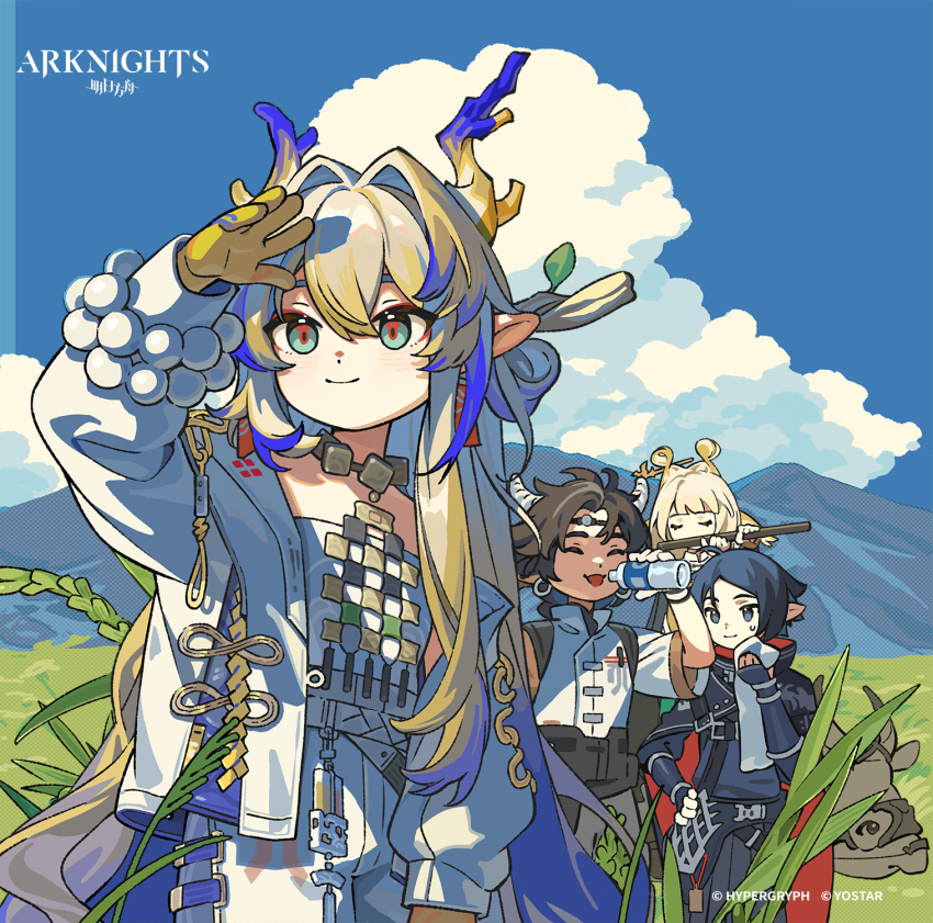 2boys 2girls animal_ears arknights arm_guards bead_bracelet beads black_cape blonde_hair blue_eyes blue_hair blue_pants blue_shirt blue_sky bottle bracelet brown_hair cape closed_eyes closed_mouth cloud colored_skin company_name copyright_name cow cow_boy cow_ears cow_horns dragon_horns favilia feet_out_of_frame field flute gloves grain_buds_(arknights) grass green_eyes grey_pants hair_ornament hair_stick hand_on_own_hip headband high_collar highres holding holding_bottle holding_flute holding_instrument holding_towel horns instrument jacket jewelry mountainous_horizon multicolored_hair multiple_boys multiple_girls music necklace off_shoulder official_art open_mouth outdoors pants playing_instrument pointy_ears red_cape shading_face shirt short_hair shu_(arknights) sky smile strapless towel tube_top two-sided_cape two-sided_fabric wan_qing_(arknights) water_bottle white_gloves white_hair white_jacket white_pants white_shirt white_tube_top wiping_face yellow_skin zuo_le_(arknights)