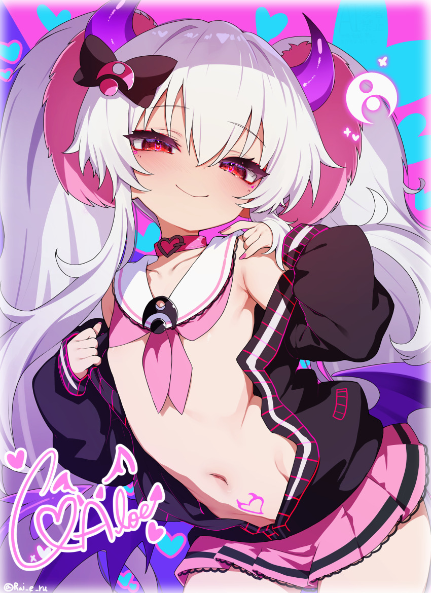 1girl absurdres blush breasts cardigan choker grim_aloe hair_ornament hair_ribbon highres horns long_sleeves looking_at_viewer mesugaki multicolored_hair nail_polish navel neckerchief open_cardigan open_clothes pink_choker pink_hair pink_nails pink_neckerchief pink_skirt quiz_magic_academy rai_(sakuranbo_sugar) red_eyes ribbon sailor_collar skirt small_breasts smile solo tattoo two-tone_hair white_hair white_sailor_collar