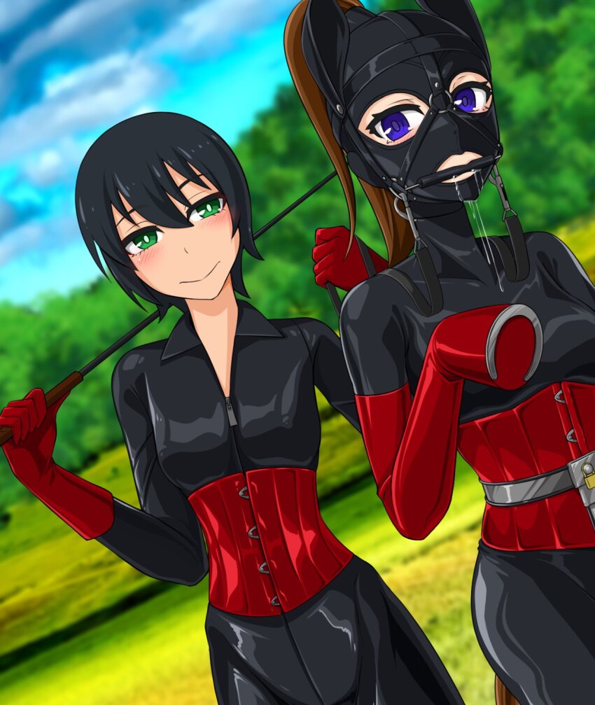 2girls animal_ears bdsm bit_gag black_bodysuit black_hair blue_eyes bodysuit bondage_mittens breasts brown_hair chastity_belt commission corset drooling dutch_angle elbow_gloves fake_animal_ears fake_tail femdom gag gag_harness gagged gimp_mask gloves green_eyes highres holding holding_riding_crop hoof_gloves latex latex_bodysuit mask medium_breasts multiple_girls original pony_play ponytail red_gloves reins riding_crop shiny_clothes short_hair skeb_commission smile tail tamakko very_short_hair yuri
