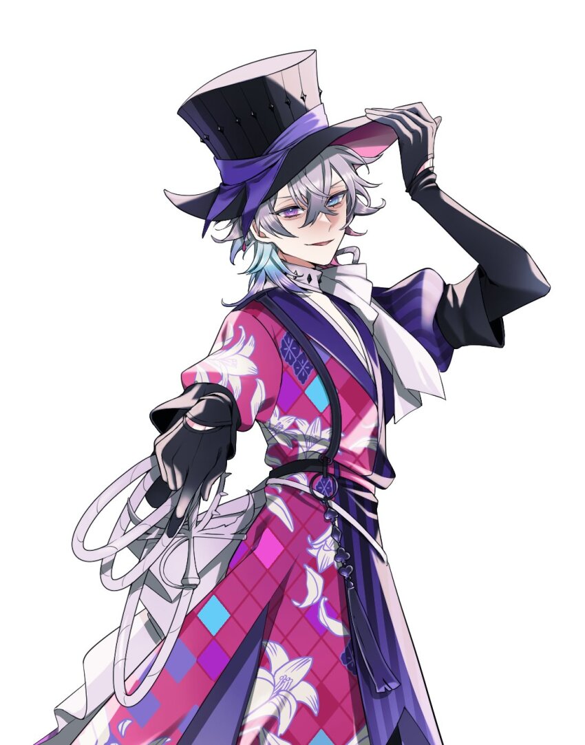 029jrr 1boy adjusting_clothes adjusting_headwear bishounen black_gloves blue_eyes blue_hair coat floral_print foreshortening from_side gavis_bettel gavis_bettel_(1st_costume) gloves grey_hair hair_between_eyes hand_up hat heterochromia highres holding holding_whip holostars holostars_english lily_print long_sleeves looking_at_viewer male_focus medium_hair multicolored_coat multicolored_hair pink_eyes pink_hair scarf smile solo top_hat upper_body virtual_youtuber white_background white_scarf