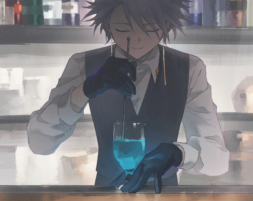 1boy alternate_costume bar_(place) bar_spoon bartender black_gloves black_vest chinese_commentary closed_eyes closed_mouth collared_shirt commentary_request cup drinking_glass earrings feiyingliaoluan-haruto gloves indoors jewelry male_focus saibou_shinkyoku shirt short_hair smile solo stirring theodore_riddle upper_body vest white_shirt