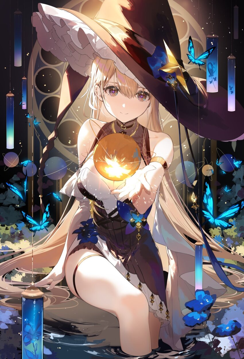1girl bare_shoulders black_choker black_dress black_hat blonde_hair blue_butterfly breasts brown_eyes bug butterfly choker dress frilled_hat frills hat hat_ornament highres insect layered_dress long_hair looking_at_viewer necomi original partially_submerged purple_pupils sleeveless sleeveless_dress solo star_(symbol) star_hat_ornament thigh_strap thighs two-tone_dress very_long_hair water white_dress witch_hat