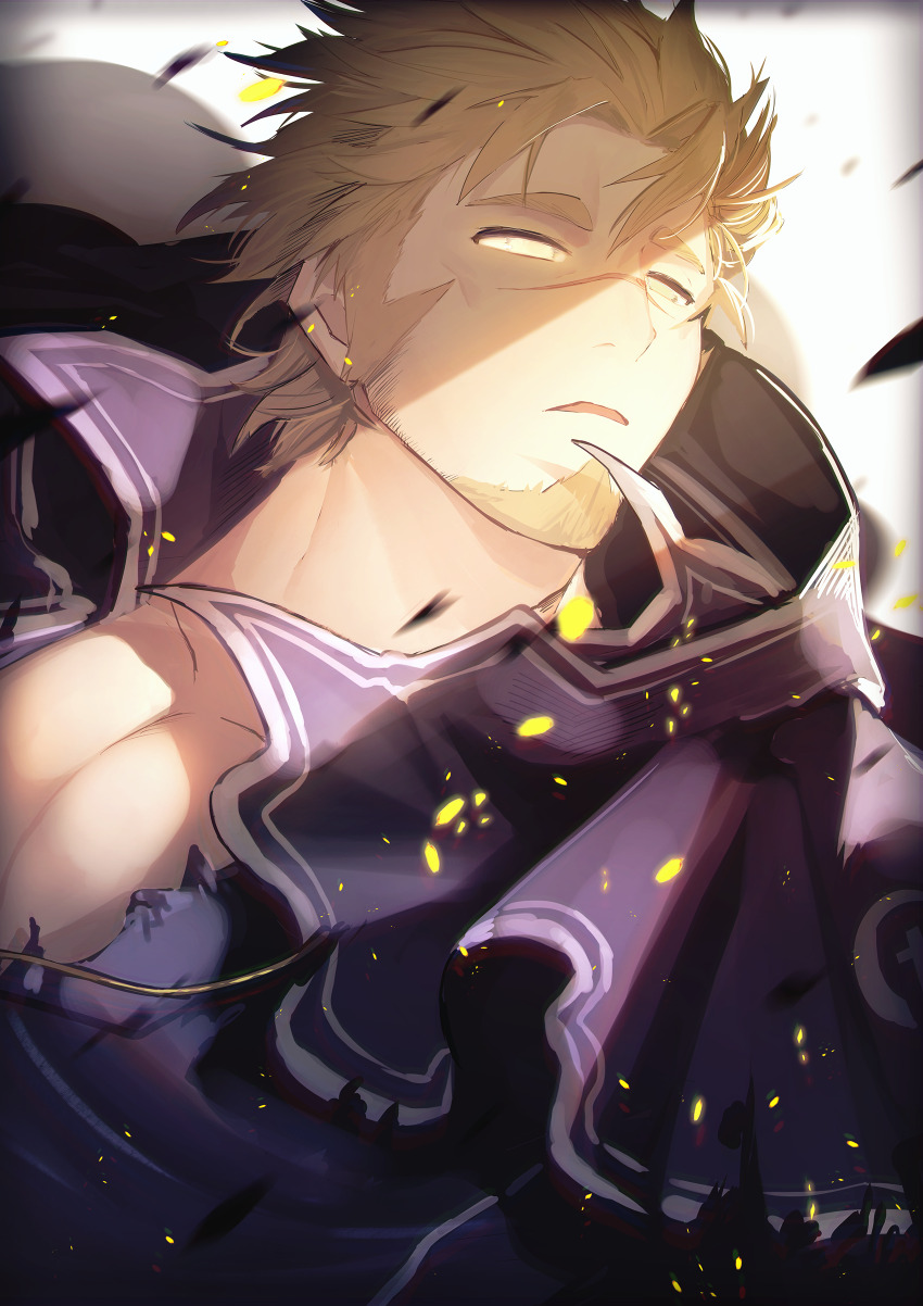 1boy absurdres bara blonde_hair buku2_suisou facial_hair goatee highres jacob_(housamo) light_particles long_sideburns male_focus mature_male muscular muscular_male open_mouth pectoral_cleavage pectorals priest scar scar_on_face scar_on_nose short_hair sideburns solo tokyo_houkago_summoners upper_body