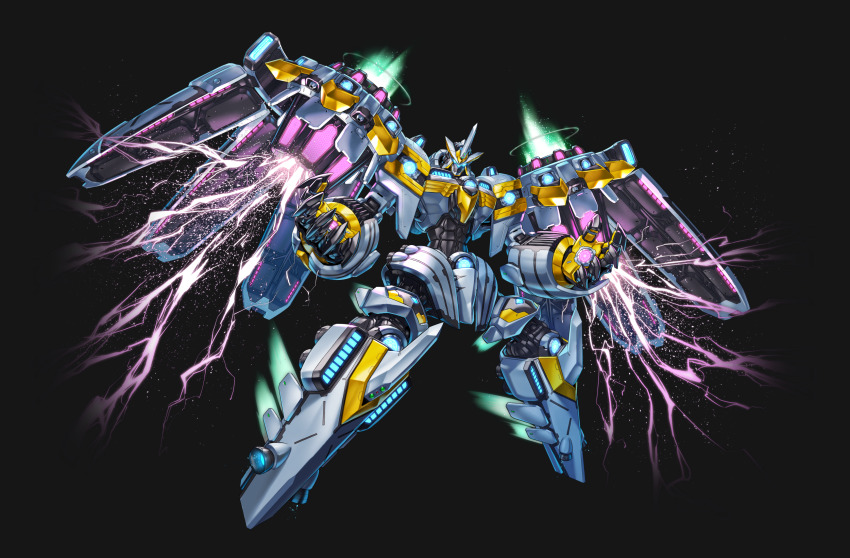 absurdres anonymous_(yu-gi-oh!) divine_arsenal_aa-zeus_-_sky_thunder duel_monster full_body game_cg highres joints lightning looking_at_viewer mecha no_humans non-web_source official_art robot robot_joints solo stitched third-party_edit thrusters transparent_background yu-gi-oh! yu-gi-oh!_master_duel