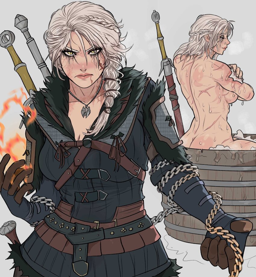 1girl absurdres armor bathing belt black_belt breasts chain ciri fire grey_background highres large_breasts leather_armor long_hair looking_at_viewer multiple_views ponytail scar scar_on_arm scar_on_back scars_all_over simple_background sword sword_on_back the_witcher_(series) the_witcher_4 too_many weapon weapon_on_back witcher_medallion yellow_eyes yoracrab