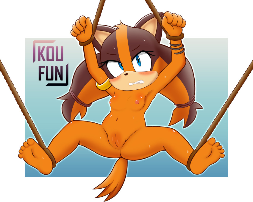 absurdres anus armpits ass barefoot bdsm blush bondage bound breasts brown_fur brown_hair feet female_focus flat_chest groin hair_tie highres koufun loli looking_at_viewer medium_breasts nipples nude orange_fur orange_hair perineum pussy restrained rope sega simple_background soles solo sonic_(series) sonic_boom_(series) spread_legs sticks_the_badger tail toes tribal twintails