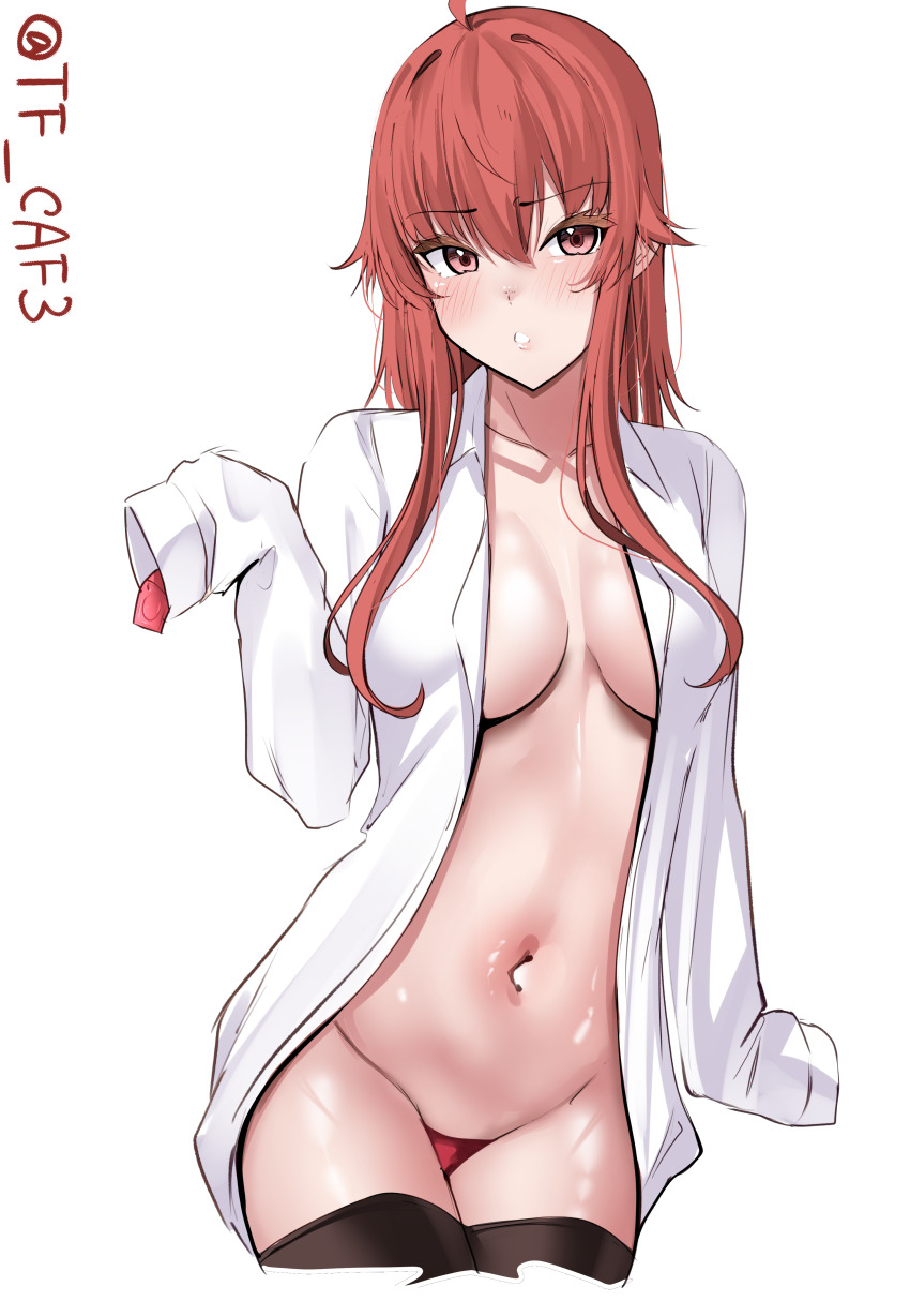 1girl absurdres ahoge arashi_(kancolle) black_thighhighs breasts condom condom_wrapper hair_between_eyes highres kantai_collection large_breasts long_hair long_sleeves navel no_bra open_clothes open_shirt oversized_clothes panties red_eyes red_hair red_panties shirt sleeves_past_fingers sleeves_past_wrists solo tf_cafe thighhighs underwear very_long_sleeves white_shirt