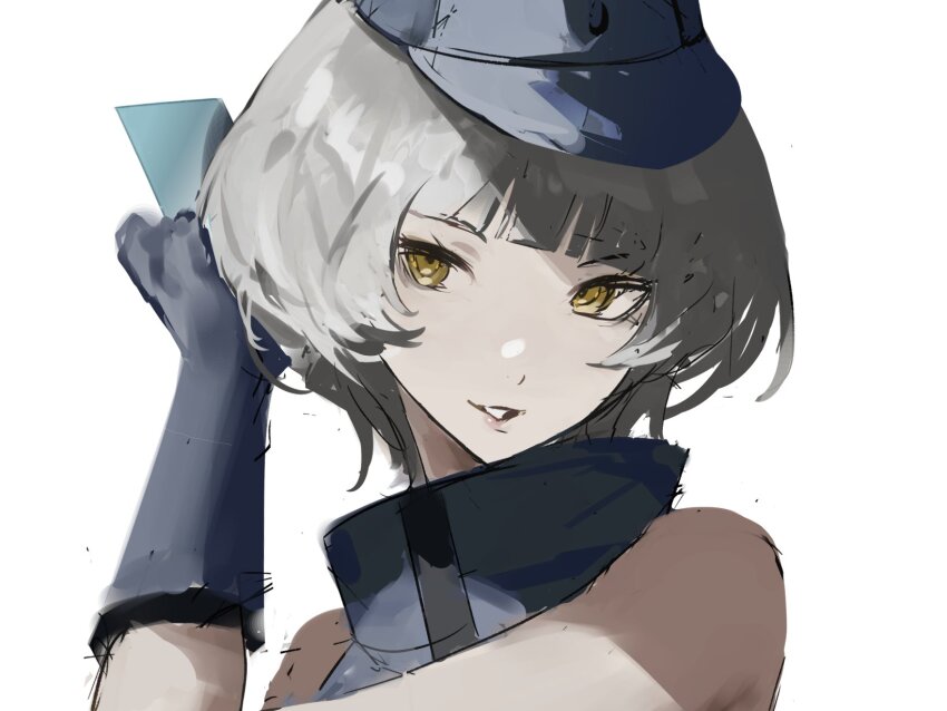 1girl bare_shoulders blue_card blue_gloves blue_hat blue_shirt blunt_bangs card elizabeth_(persona) gloves hand_up hat high_collar highres holding holding_card k1kiwa looking_at_viewer parted_lips persona persona_3 portrait shirt short_hair simple_background sleeveless sleeveless_shirt smile solo white_background white_hair yellow_eyes