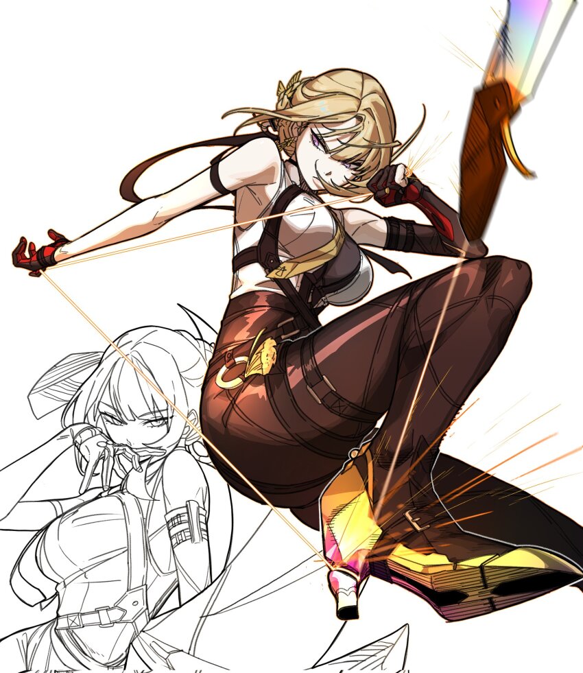 1girl arm_strap black_gloves black_pants blonde_hair breasts chest_harness evelyn_chevalier flying_kick gloves gwongiyeon67479 half_gloves harness high-waist_pants high_heels highres kicking large_breasts necktie pants purple_eyes shirt single_glove single_half_glove sketch tight_clothes tight_pants white_shirt yellow_necktie zenless_zone_zero