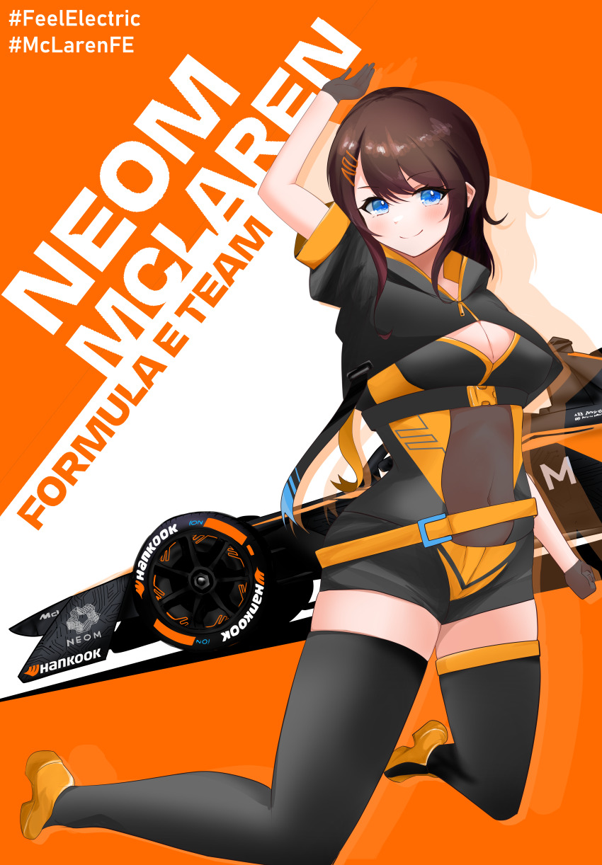 1girl absurdres black_gloves black_shirt black_shorts black_thighhighs blue_eyes blush boots breasts brown_hair car cleavage copyright_name formula_e formula_racer gloves hair_ornament hairclip highres hiroki_tanabe kneeling mclaren medium_breasts medium_hair motor_vehicle orange_boots personification race_vehicle racecar shirt shorts shrug_(clothing) smile solo thighhighs