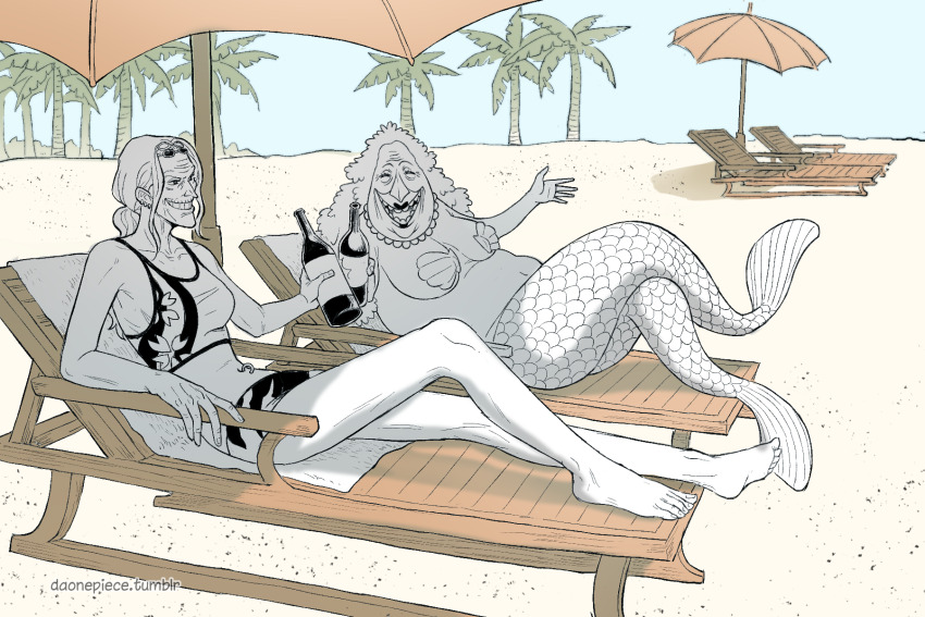 2girls ^_^ bottle chair closed_eyes commentary daonepiece dr._kureha english_commentary full_body highres holding holding_bottle jewelry kokoro_(one_piece) lounge_chair mermaid monster_girl multiple_girls necklace one_piece outdoors palm_tree pearl_necklace sand shell shell_bikini sidelocks smile tree