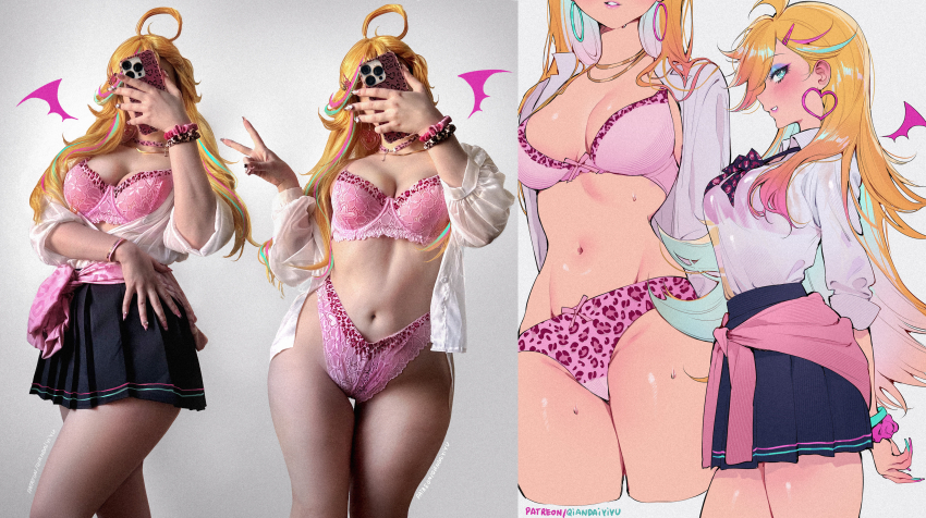 1girl absurdres ahoge animal_print blonde_hair blue_skirt bra bra_visible_through_clothes breasts cardigan cellphone cleavage commentary_request cosplay_photo covered_face cropped_legs demon_wings drawn_wings dress_shirt earrings eyes_out_of_frame fingernails groin head_out_of_frame heart heart_earrings highres holding holding_phone hoop_earrings jewelry large_breasts leopard_print lingerie long_hair multicolored_hair multiple_views nail_polish navel panties panty_&amp;_stocking_with_garterbelt panty_(psg) patreon_username phone photo_(medium) pink_bra pink_cardigan pink_hair pink_panties pleated_skirt print_panties qiandaiyiyu school_uniform scrunchie selfie shirt shirt_tucked_in simple_background skirt stomach straight_hair sweat thighs underwear very_long_hair white_shirt wings wrist_scrunchie