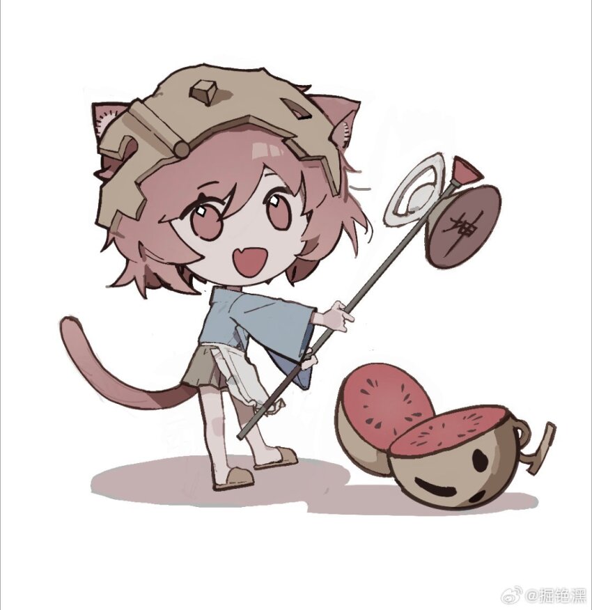 1other androgynous animal_ear_fluff animal_ears apron bare_legs blue_kimono brown_hakama brown_helmet brown_slippers cat_ears cat_tail chibi chinese_commentary commentary_request corallo eyelashes fang food frilled_apron frills fruit hakama hakama_short_skirt hakama_skirt hammer haniwa_(statue) happy helmet holding holding_hammer japanese_clothes katano_sukune katano_sukune&#039;s_bottle_opener kemonomimi_mode kimono knees len&#039;en long_sleeves looking_at_viewer open_mouth other_focus red_eyes shadow short_kimono simple_background skin_fang skirt slippers smile solo sparkling_eyes standing tail waist_apron watermark watermelon weibo_watermark white_apron white_background wide_sleeves