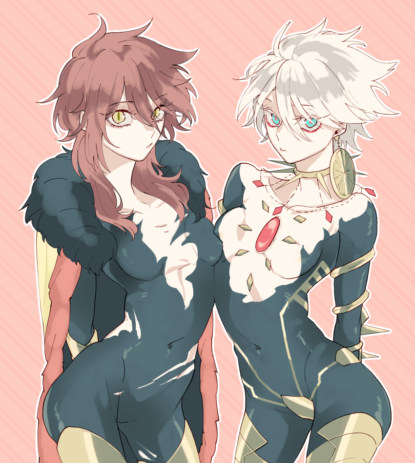 2girls areola_slip arms_behind_back asymmetrical_docking blue_eyes boots breast_press breasts collar commentary_request earrings eyeliner fate/grand_order fate_(series) genderswap genderswap_(mtf) hair_between_eyes highres jewelry karna_(fate) long_eyelashes long_hair looking_at_viewer makeup multiple_girls navel outline pale_skin pink_background red_eyeliner red_hair shiny_skin short_hair skindentation sm small_breasts spiked_collar spikes standing thigh_boots white_hair white_outline yellow_eyes