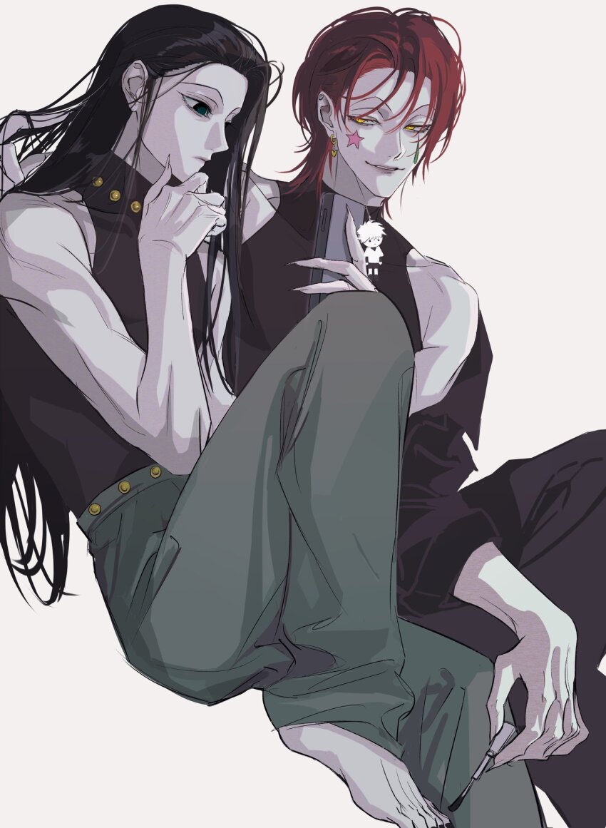 2boys applying_pedicure barefoot black_eyes black_pants black_shirt earrings facepaint fingernails green_pants hand_in_another&#039;s_hair hand_on_own_chin highres hisoka_morow holding hunter_x_hunter illumi_zoldyck jewelry jz88 long_hair looking_at_another looking_at_phone multiple_boys painting_toenails pants phone red_hair sharp_fingernails shirt sitting sleeveless sleeveless_shirt smile white_background wolf_cut yellow_eyes