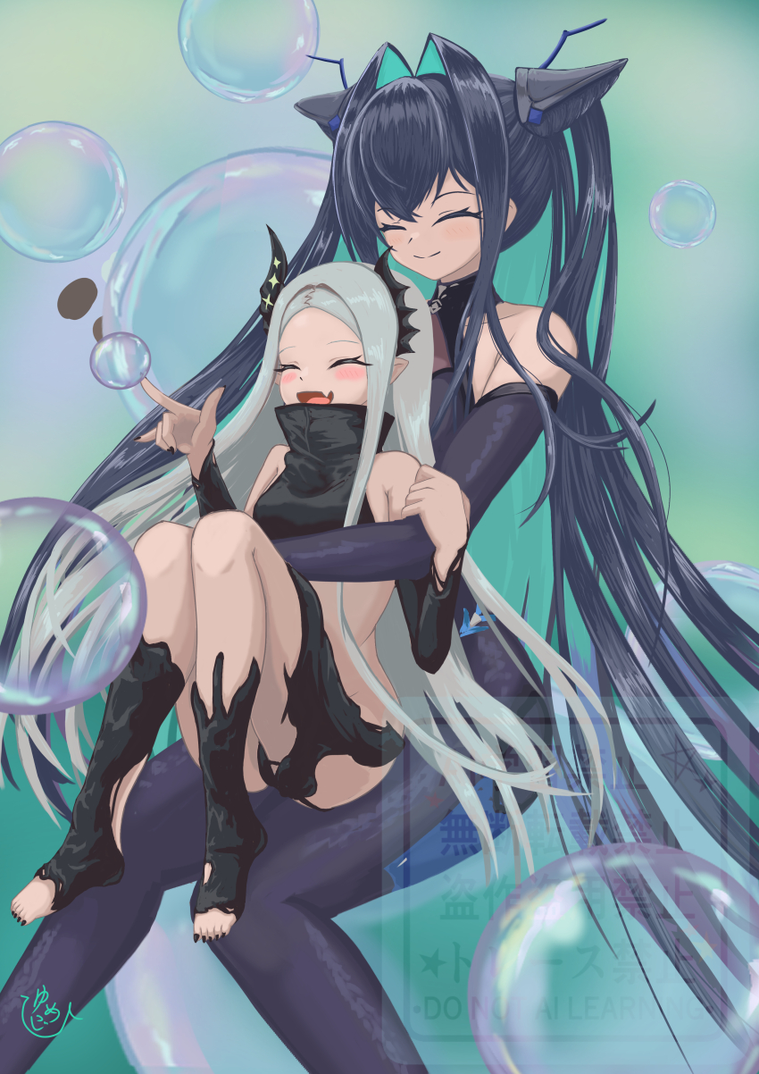 2girls absurdres bare_shoulders black_hair black_horns black_liquid black_nails bodysuit breasts bubble closed_eyes fang forehead goddess_of_victory:_nikke grey_hair highres hithuji_yume horns leviathan_(nikke) liquid_clothes little_mermaid_(nikke) long_hair multiple_girls open_mouth pointy_ears skin_fang small_breasts smile thighs twintails