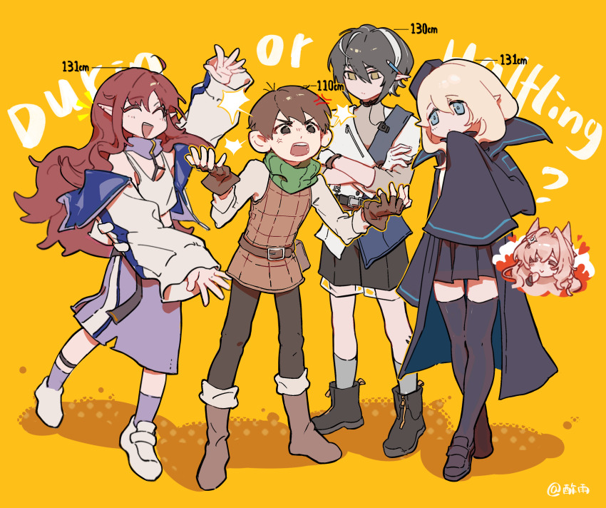 2boys 2girls absurdres anger_vein angry animal_ears arknights bingshicha black_footwear black_hair black_hat black_jacket black_pants black_shorts black_skirt black_thighhighs blonde_hair blue_eyes blue_jacket blue_trim boots brown_eyes brown_footwear brown_hair brown_vest chilchuck_tims chinese_commentary closed_eyes commentary commentary_request crop_top crossover durin_(arknights) english_commentary english_text fingerless_gloves gloves halfling hat height_difference height_envy highres jacket long_hair medium_hair minimalist_(arknights) mixed-language_commentary multicolored_hair multiple_boys multiple_girls myrtle_(arknights) neck_warmer open_clothes open_jacket orange_background pants pencil_behind_ear pointy_ears pozyomka_(arknights) purple_skirt purple_socks shirt short_hair shorts skirt sleeves_past_fingers sleeves_past_wrists smile socks streaked_hair thighhighs very_short_hair vest white_shirt white_streaks yellow_eyes