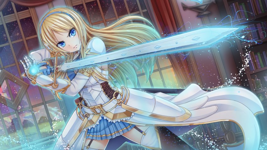 1girl absurdres armor armored_dress belt blonde_hair blue_eyes bookshelf buckle corset crystalline detached_sleeves dress faulds female_focus fingerless_gloves garter_straps gauntlets gloves glowing hairband highres leanna_dawn light_particles long_hair magic pauldrons sheath shoulder_armor single_gauntlet single_glove skirt solo sunimu sword thighhighs weapon window