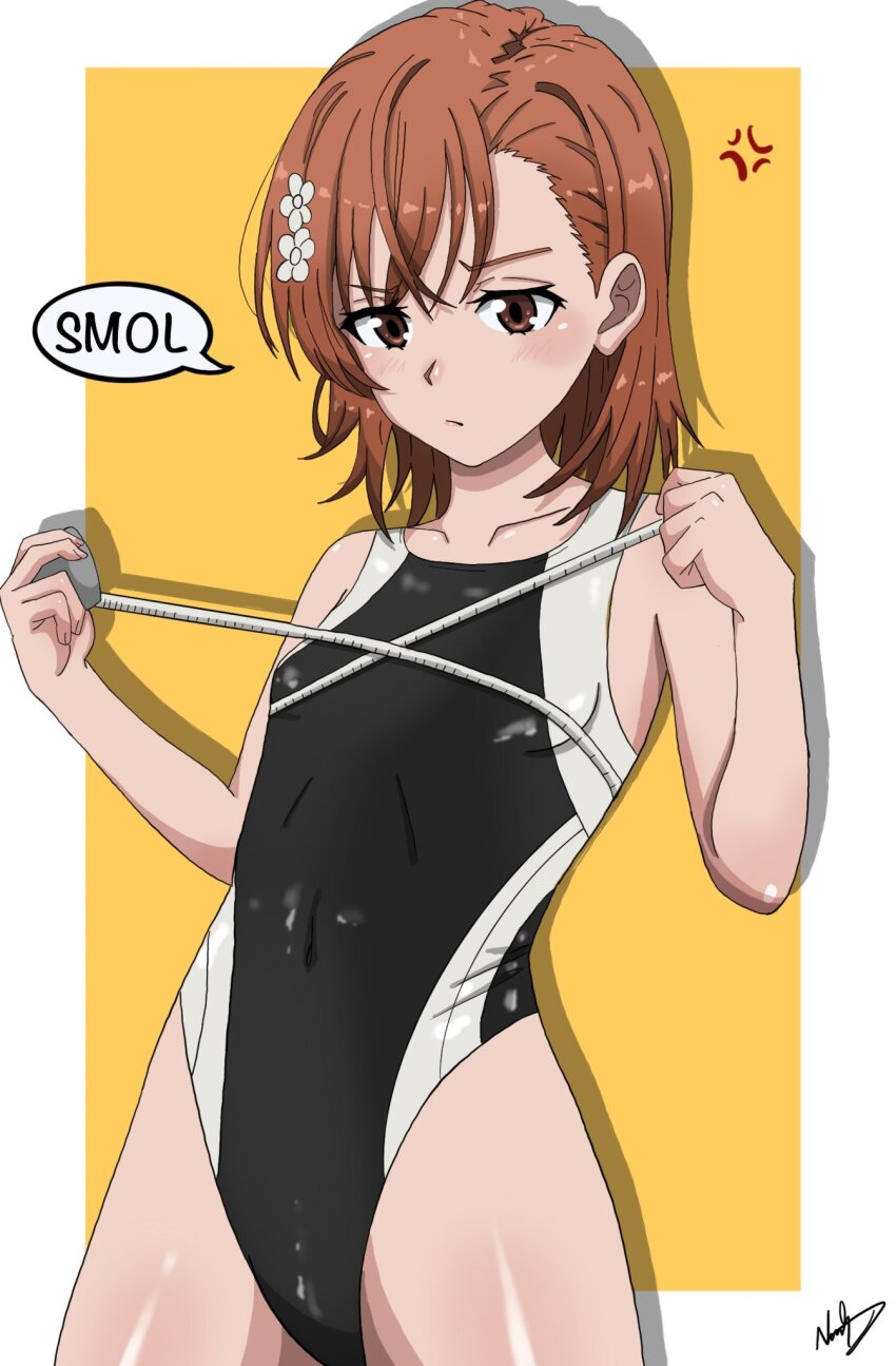 1girl alternate_costume anger_vein black_one-piece_swimsuit blush border breast_conscious breasts brown_eyes brown_hair bust_measuring collarbone commentary competition_swimsuit covered_navel cowboy_shot drop_shadow english_commentary english_text flower hair_flower hair_ornament highres looking_down measuring medium_hair misaka_mikoto nashdnash2007 one-piece_swimsuit outside_border pout signature simple_background small_breasts solo speech_bubble swimsuit tape_measure toaru_majutsu_no_index tokiwadai_school_swimsuit white_border yellow_background