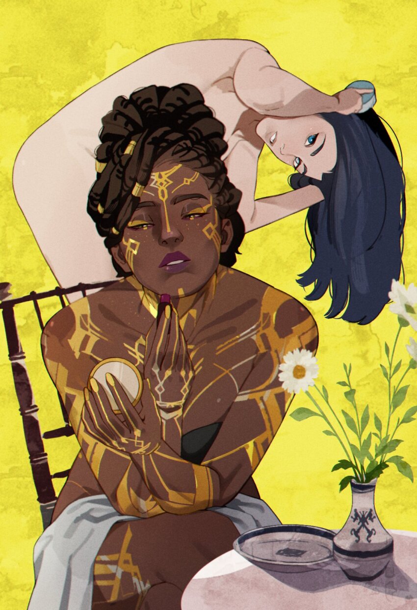 2girls arcane:_league_of_legends arcane_caitlyn blue_eyes blue_hair breasts caitlyn_(league_of_legends) cleavage dark-skinned_female dark_skin highres large_breasts league_of_legends long_hair looking_at_viewer multiple_girls nude omy-chan smile