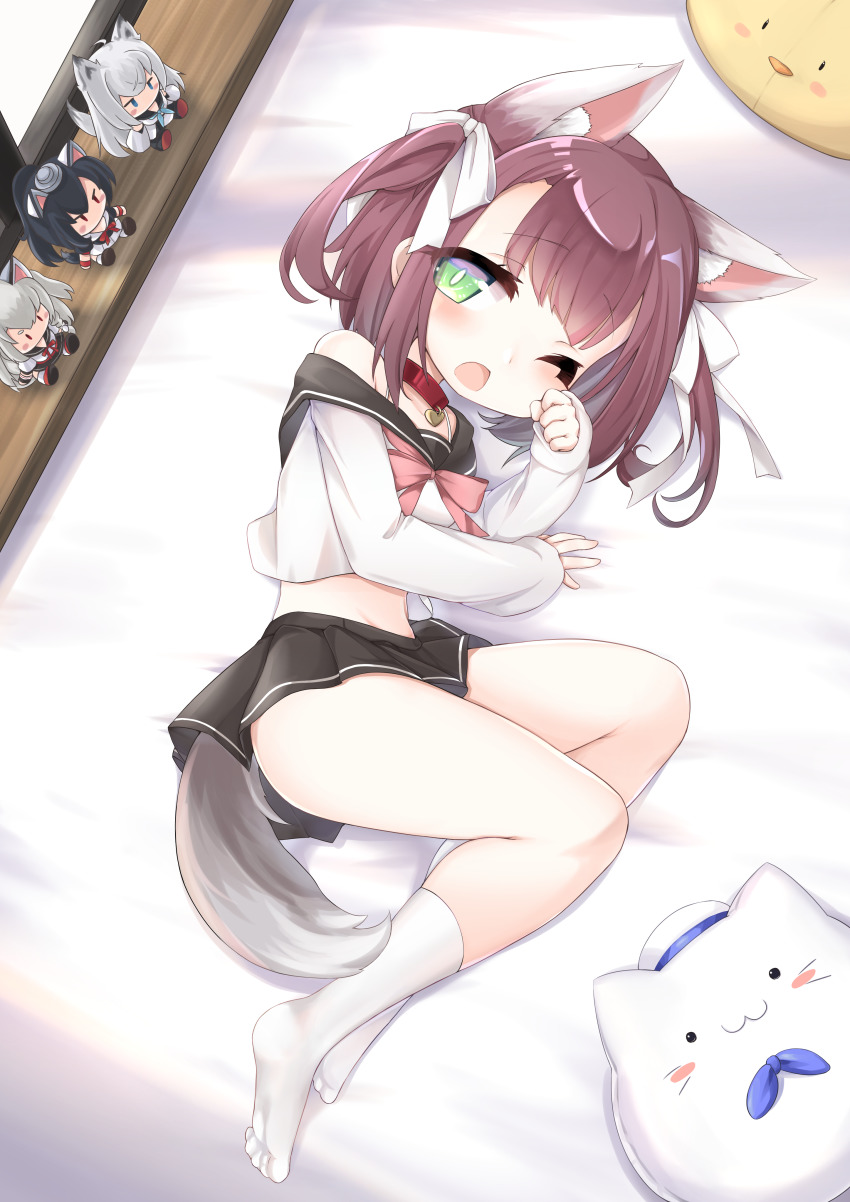 1girl absurdres animal_ear_fluff animal_ears azur_lane black_sailor_collar black_skirt blunt_bangs blush brown_hair character_doll collar collarbone commentary_request crop_top dog_ears dog_tail from_above full_body green_eyes hair_ribbon heart_collar highres kawakaze_(azur_lane) kinomiki_nobori kneehighs long_sleeves looking_at_viewer lying manjuu_(azur_lane) meowfficer_(azur_lane) midriff off_shoulder on_bed on_side one_eye_closed open_mouth pleated_skirt red_collar ribbon rubbing_eyes sailor_collar school_uniform serafuku shigure_(azur_lane) shiratsuyu_(azur_lane) short_hair sidelocks single_bare_shoulder skirt sleeves_past_wrists socks solo_focus tail two_side_up waking_up white_socks window windowsill yuudachi_(azur_lane)