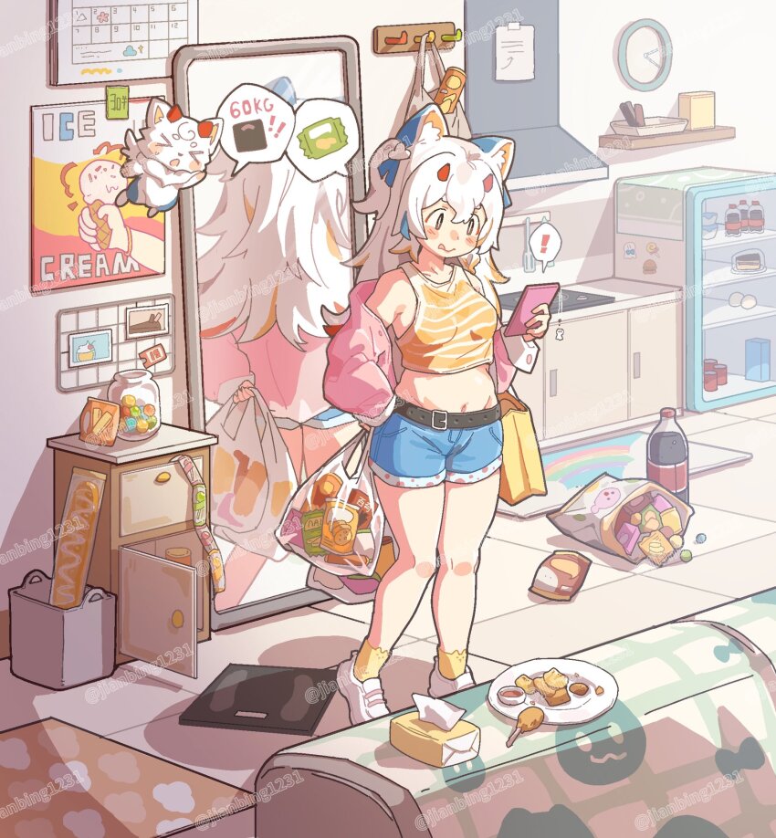 1girl :p animal_ear_fluff animal_ears apartment artist_request bag belt blonde_hair blue_shorts blush breasts cellphone crop_top cutoffs denim denim_shorts food groceries grocery_bag hair_ornament hand_on_own_hip handbag highres holding holding_phone jacket long_hair mascot mirror multicolored_hair navel off-shoulder_jacket off_shoulder one_side_up open_clothes open_jacket orange_shirt original pancake33 phone pink_jacket plate red_hair shirt shoes shopping_bag short_shorts shorts small_breasts smartphone snack socks soda standing tank_top tissue_box tongue tongue_out twitter_username watermark weighing_scale weight_gain white_hair white_shoes