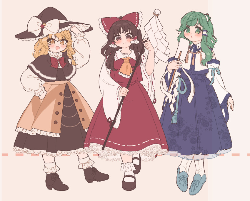 3girls apron aqua_shoes ascot black_capelet black_dress black_hat black_shoes blonde_hair blue_skirt bobby_socks bow bowtie braid brown_apron brown_eyes brown_footwear brown_hair buttons capelet closed_mouth detached_sleeves dress frilled_apron frilled_ascot frilled_bow frilled_hair_tubes frilled_hat frilled_socks frills frog_hair_ornament full_body gohei green_eyes green_hair hair_bow hair_ornament hair_tubes hakurei_reimu hand_on_headwear hat hat_bow highres holding holding_gohei kirisame_marisa kochiya_sanae lace lace-trimmed_dress lace_trim long_hair long_skirt long_sleeves looking_at_viewer mary_janes multiple_girls nontraditional_miko open_mouth red_bow red_bowtie red_skirt red_vest sakurasaka shoes side_braid skirt smile socks standing touhou undefined_fantastic_object vest white_bow white_sleeves white_socks white_vest wide_sleeves witch_hat yellow_ascot yellow_eyes