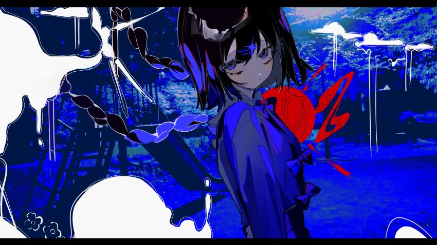 1girl absurdres arms_at_sides black_hair blue_background blue_bow blue_eyes blush bow braid breasts closed_mouth cloud commentary_request detached_hair film_grain grey_shirt hair_between_eyes highres letterboxed long_hair long_sleeves looking_at_viewer original outdoors playground shirt small_breasts solo suspenders toasu twin_braids upper_body upturned_eyes